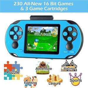 16 Bit Handheld 230 Games Console System Kids Adults, 3.0'' Large Screen HD BLUE